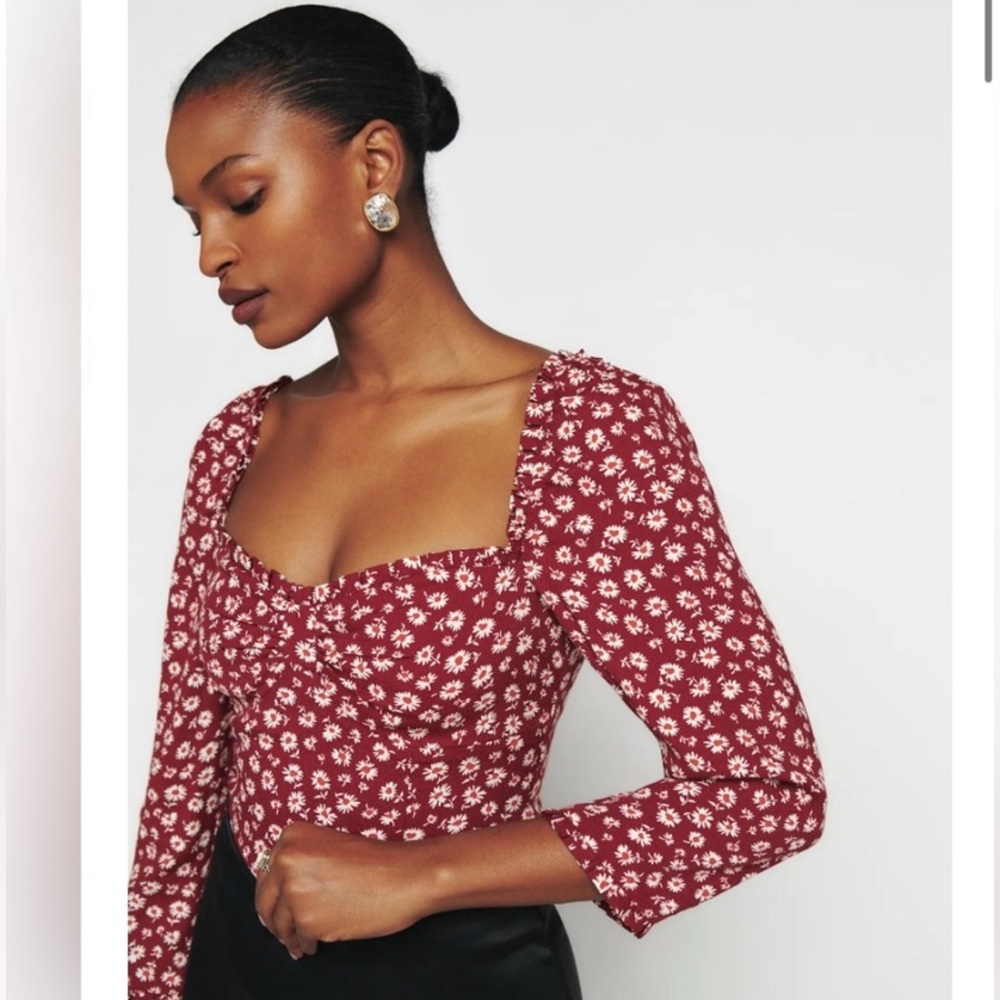 Reformation Meriah Peasant Top in Red Cary Floral Cottagecore sz 2 - Picture 4 of 16